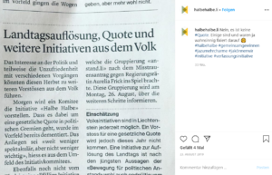 Das Initiativkomitee postet den Ausschnitt eines Zeitungsartikels und erklärt, dass es bei der Initiative nicht um eine Quote geht