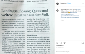 Hoi Quote postet den Ausschnitt eines Zeitungsartikels und erklärt, dass es bei der Initiative nicht um eine Quote geht
