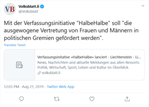 Hinweis des Volkblatts auf eigenen Artikel OI_108 "Verfassungsinitative «HalbeHalbe» lanciert"