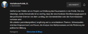 Hier sollte die Videobeschreibung zum Video "Wer ist Vielfalt in der Politik?" erscheinen. Vielfalt in der Politik ist ein Projekt zur Erhöhung des frauenanteils in der Politik.