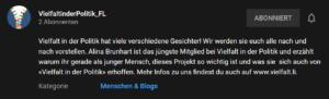 Hier würde man die Videobeschreibung zum Video "Die Gesichter hinter Vielfalt in der Politik Part 2". Alina Brunhart ist das jüngste Mitglied bei Vielfalt in der Politik und erzählt warum ihr gerade als junger Mensch, dieses Projekt so wichtig ist.