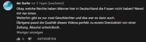 Es wird ein böser Kommentar gezeigt zum Video bei dem Frauen erzählen warum sie den Weltfrauentag wichtig finden oder ebene nicht. "Okay, welche rechte haben Männer hier in Deutschland die Frauen nicht haben? Nennt mir nur eines."