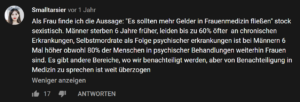 Hier wäre ein kritischer Kommentar zum Video "Was Frauen zum Weltfrauentag fordern": "Als Frau finde ich die Aussage: "Es sollte mehr Gelder in Frauenmedizin fliessen" stock sexistisch..."