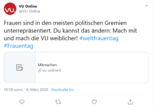 VU teilt mit, dass Frauen in den meisten politischen Gremien unterrepräsentiert sind und fordert sie auf, mitzumachen