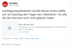 VU teilt Interview vom 07.03.2020 mit Guna/Gunilla Marxer-Kranz