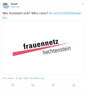 LIE-Zeit teilt Beitrag vom Frauennetz Liechtenstein. Thema (Verein Hoi Quote äussert sich zum Thema): Frauen übernehmen einen Löwenanteil an systemrelevanter Arbeit in der Krise und Betreuungsarbeit während sie in politischen Gremien immer noch stark untervertreten sind.