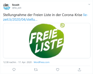 LIE-Zeit verlinkt auf Stellungnahme der Freien Liste zum Thema Regierung in Corona-Zeiten