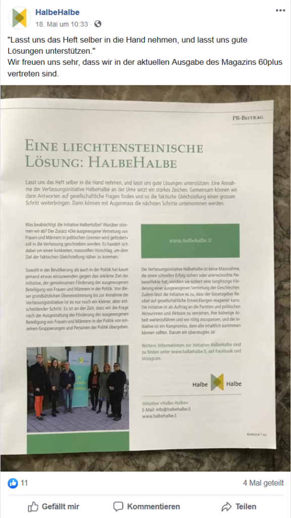 Initiativkomitee teilt einen Zeitungsartikel, der im magazin 60plus erschienen ist (eine liechtensteinische Lösung: HalbeHalbe)