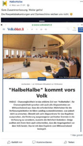 Initiativkomitee teilt Zeitungsartikel von Volksblatt, dass halbehalbe vor Volk kommt
