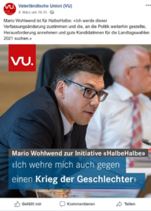 Facebook-Post der Vaterländischen Union, dessen Abgeordneter Mario Wohlwend für die Initiative Halbe/Halbe ist.