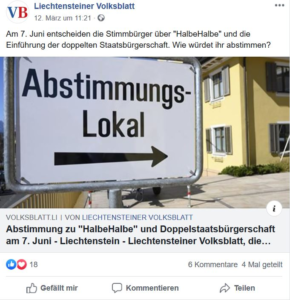 Liechtensteiner Volksblatt berichtet am 12.03.20, dass am 07.06 über halbehalbe abgestimmt wird (Abstimmung zu "HalbeHalbe" und Doppelstaatsbürgerschaft am 7. Juni) TM_27
