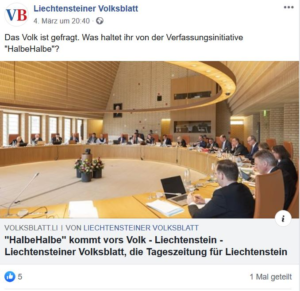 Liechtensteiner Volksblatt teilt Zeitungsartikel vom 04.03.20, dass halbehalbe vors Volk kommt