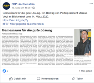 FBP teilt Artikel von fbp.li zum Thema "Miteinander statt Gegeneinander" mit Bezug auf Corona-Thematik am 14.03. TM_14 und 16.03. OI_12