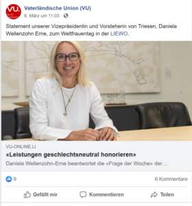 Vizepräsidentin der VU Triesen Daniela Wellenzohn-Erne äussert sich in der LIEWO über Frauenanliegen zum Weltfrauentag OI_24