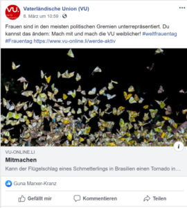 VU postet, dass Frauen in den meisten politischen Gremien unterrepräsentiert sind und fordert sie auf, mitzumachen