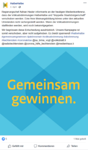 Meldung von Initiativkomitee, dass Abstimmung gemäss Medienkoferenz mit Adrian Hasler vom 03.04.20 verschoben wird