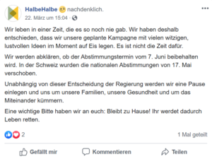 Meldung von Initiativkomitee vom 22.03.20, dass die Kampagne von halbehalbe aufgrund der ungewöhnlichen Umstände auf Eis gelegt wurde