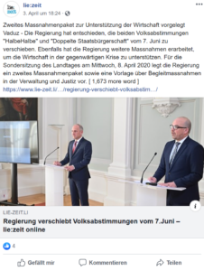 lie:zeit berichtet am 03.04.20 über das neue Corona-Massnahmenpaket und die Verschiebung der Abstimmung (Regierung verschiebt Volksabstimmung vom 7. Juni) TM_11