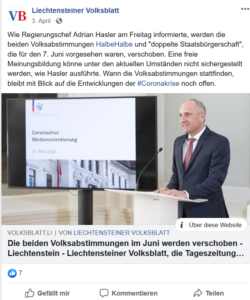Liechtensteiner Volksblatt berichtet am 03.04.20 erneut, dass Abstimmung verschoben wird (Die beiden Volksabstimmungen im Juni werden verschoben)