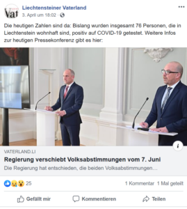 Liechtensteiner Vaterland berichtet am 03.04.20, dass Abstimmung verschoben wird (Regierung verschiebt Volksabstimmung vom 7. Juni)