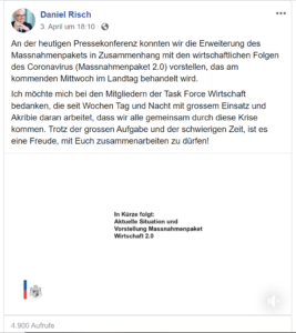 Liechtensteiner Vaterland berichtet live von Pressekonferenz am 03.04.20, ab 07:49 wird berichtet, dass Abstimmung verschoben wird SM_45 geteilt durch Daniel Risch Video: SM_53