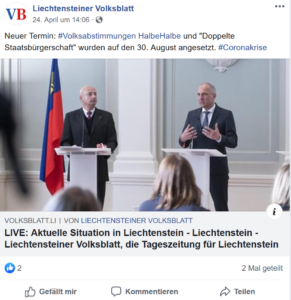 Liechtensteiner Volksblatt berichtet im Liveticker am 24.04.20, dass die Abstimmung auf den 30.08.20 verschoben wurde (LIVE: Aktuelle Situation in Liechtenstein)