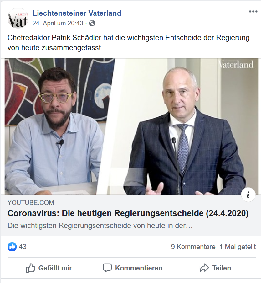Liechtensteiner Vaterland postet Coronavirus-Zusammenfassung von Patrik Schädler am 24.04.20 ab Minute 1:50 über die Verschiebung der Abstimmung