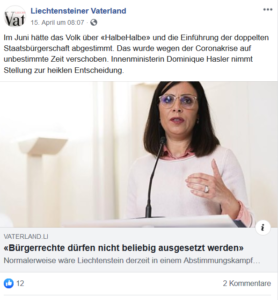 Liechtensteiner Vaterland postet Artikel, in dem Dominique Hasler Stellung nimmt zur heiklen Entscheidung, die Abstimmung halbehalbe zu verschieben TM_15