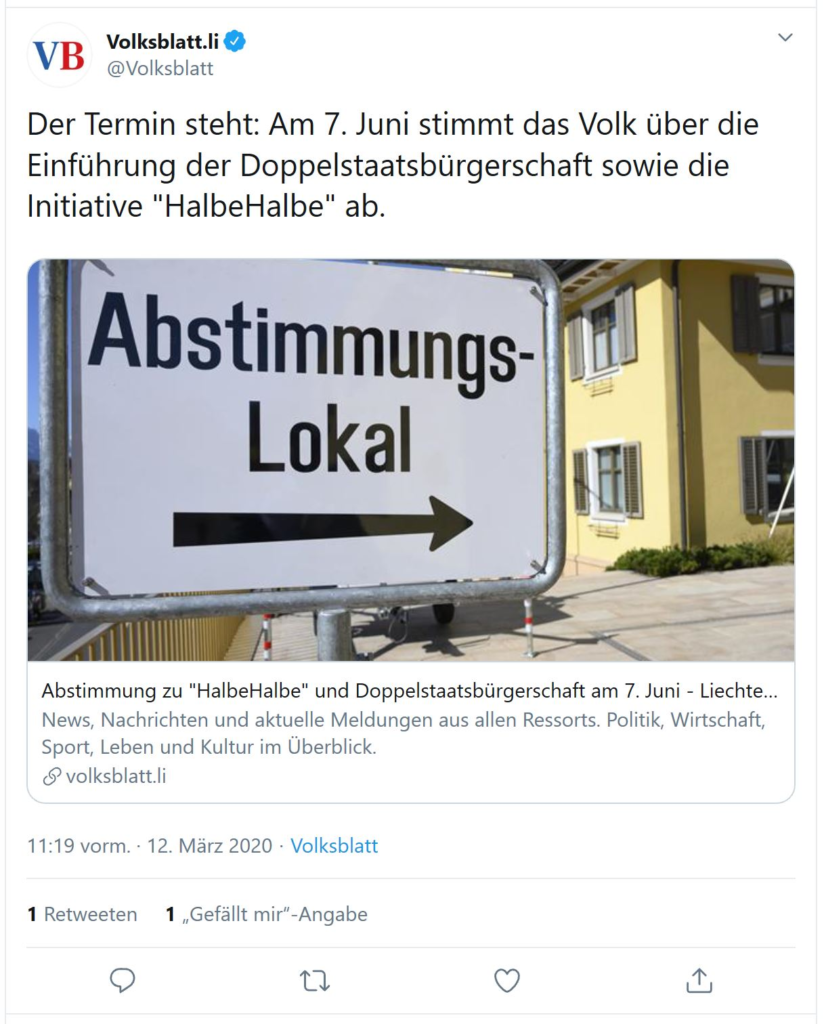 Liechtensteiner Volksblatt berichtet, dass am 07.06 über halbehalbe abgestimmt wird