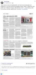 Hoi Quote teilt Zeitungsartikel vom Volksblatt und Beitrag von Frauennetz Liechtenstein. Thema: Frauen übernehmen einen Löwenanteil an systemrelevanter Arbeit in der Krise und Betreuungsarbeit während sie in politischen Gremien immer noch stark untervertreten sind.